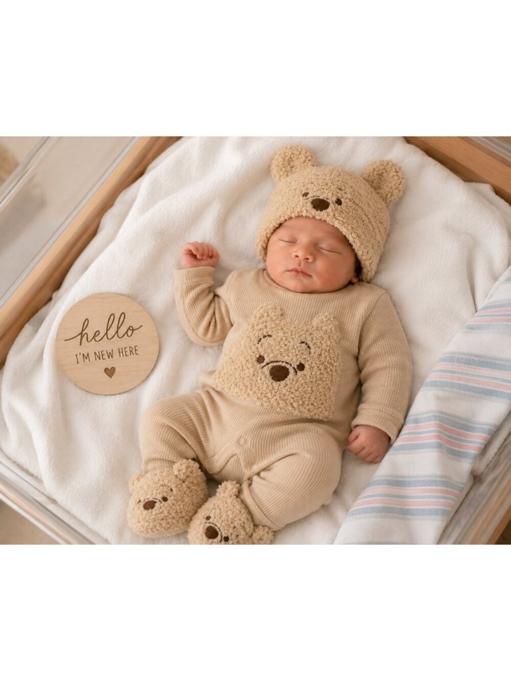 Disney Baby Pooh Bear Romper Hat & Slippers Set NWT Newborn, 0-3M, 3-6M